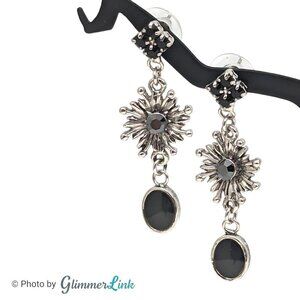 Tiered Geometric Starburst Black Rhinestone Silver Tone Dangle Earrings